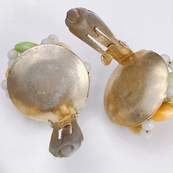 VTG Mid Century Necklace & Clip Earrings Set Beaded Pastel Stamped Hong Kong - Picture 9 of 12